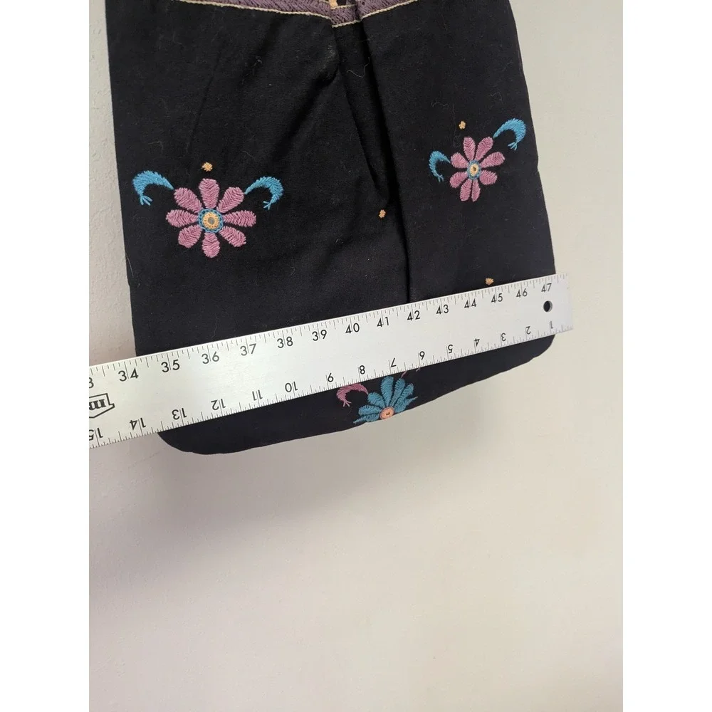 Black Floral Embroidered Cotton Tote‎ India Boho Hippie Shoulder Bag